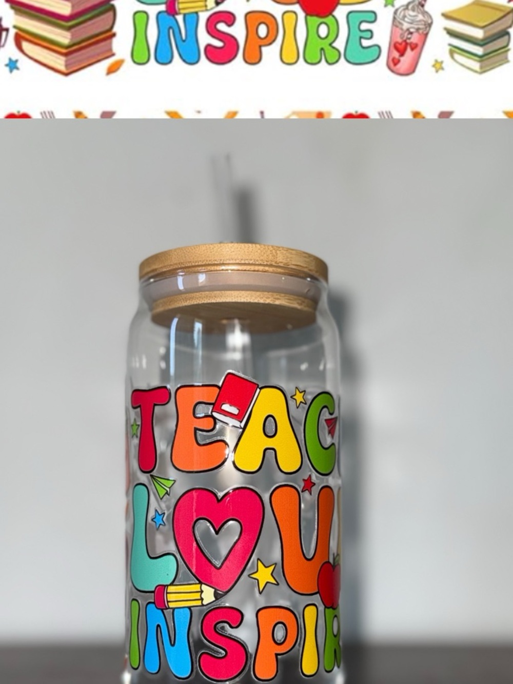 Inspire Teacher Colorful Glass Jar with Bamboo Lid